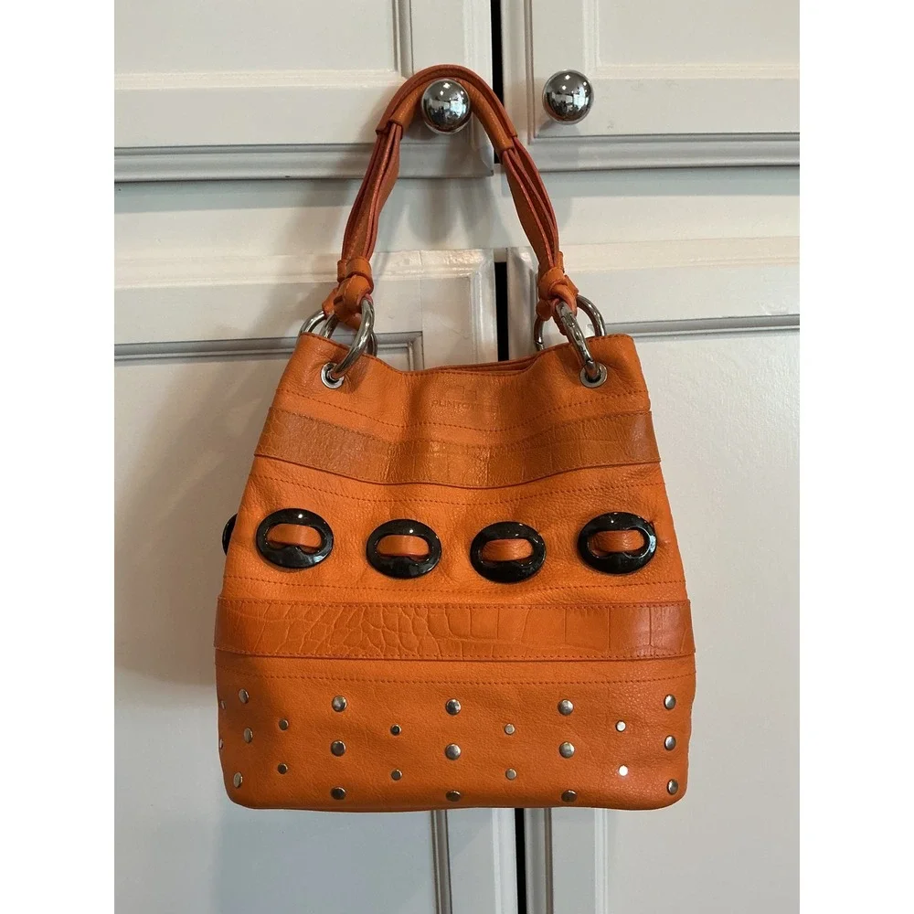 Puntotres Barcelona VINTAGE Orange Leather Satchel Crossbody Bucket Bag‎